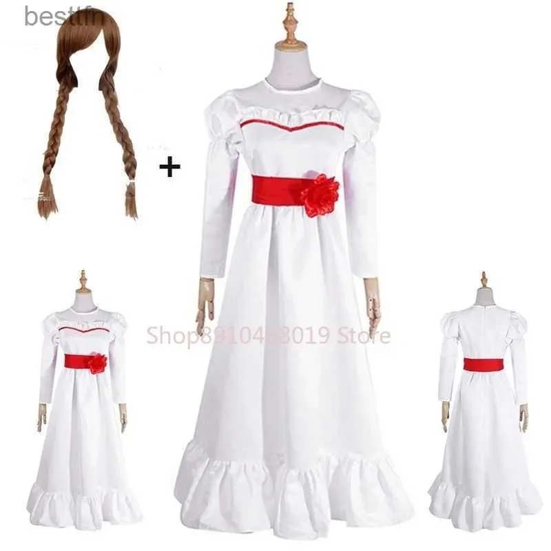Themenkostüm Anime Conjing Doll Annabelle Kleider Cosplay Comes Ghost Doll Weißes Kleid Rock Frauen Mädchen Kinder Perücke Weihnachtsfeier GeschenkeL231013