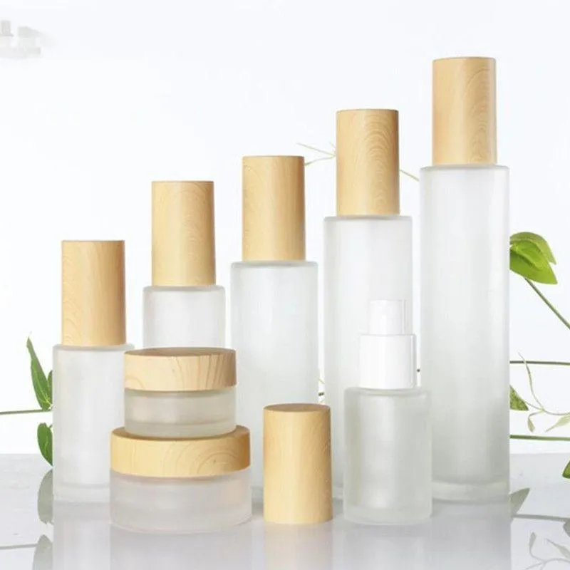 30ml 40ml 60ml 80ml 100ml Frosted Glass Cosmetic Jar Bottle Face Cream Pot Lotion Spray Pump Bottles with Plastic Imitation Bamboo Lids Qnsm