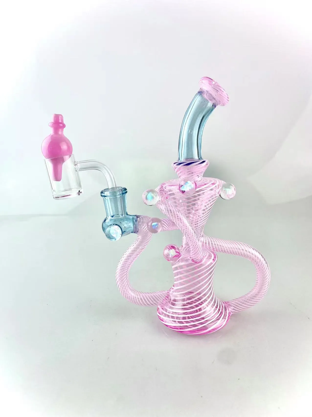 tuyaux en verre recycleur fumant narguilé à pipe avec des accents de lignes roses et blanches et poussière d'étoile bleue 14 mm magnifiquement conçu bienvenue à la commande avec bulle banger ensemble