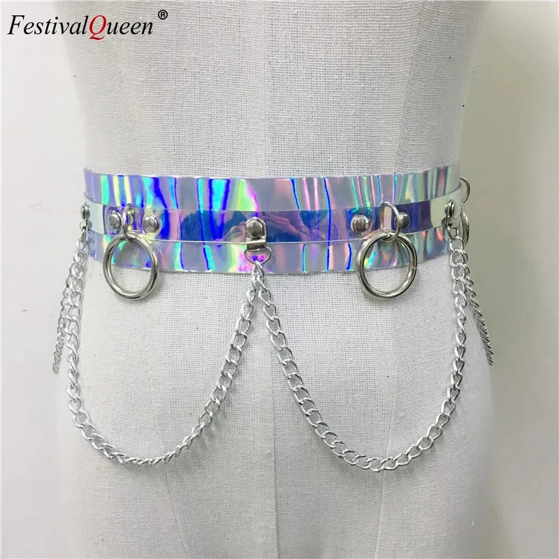 Other Fashion Accessories Women's Shiny Faux Leather Harness Belt Dazzle Color Holographic Silver Metal Punk Chain for Nightclub Party Waist Belts 231013