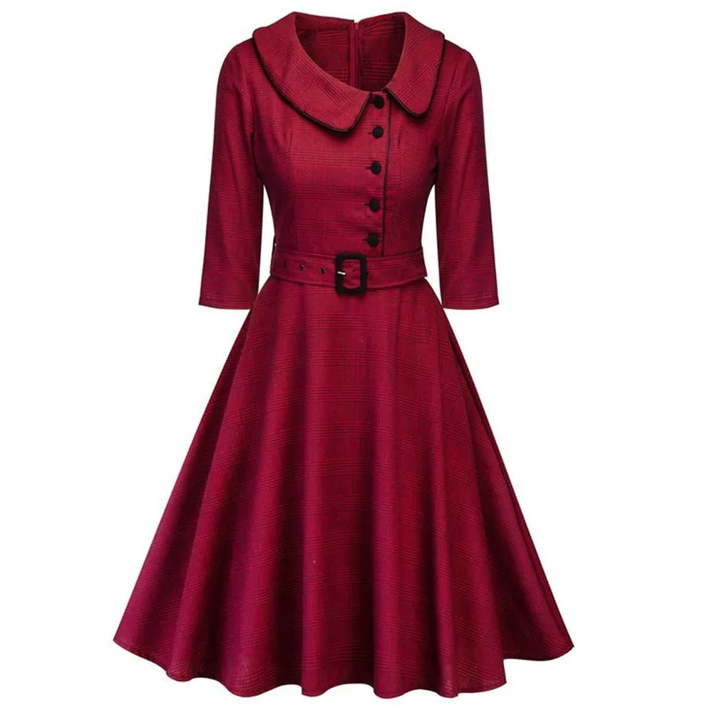 Women Elegant Spring Wine Red Party Dress Feminino Vestidos Audrey 1960s Swing Rockabilly RobeButton Belts Formal Dress160E