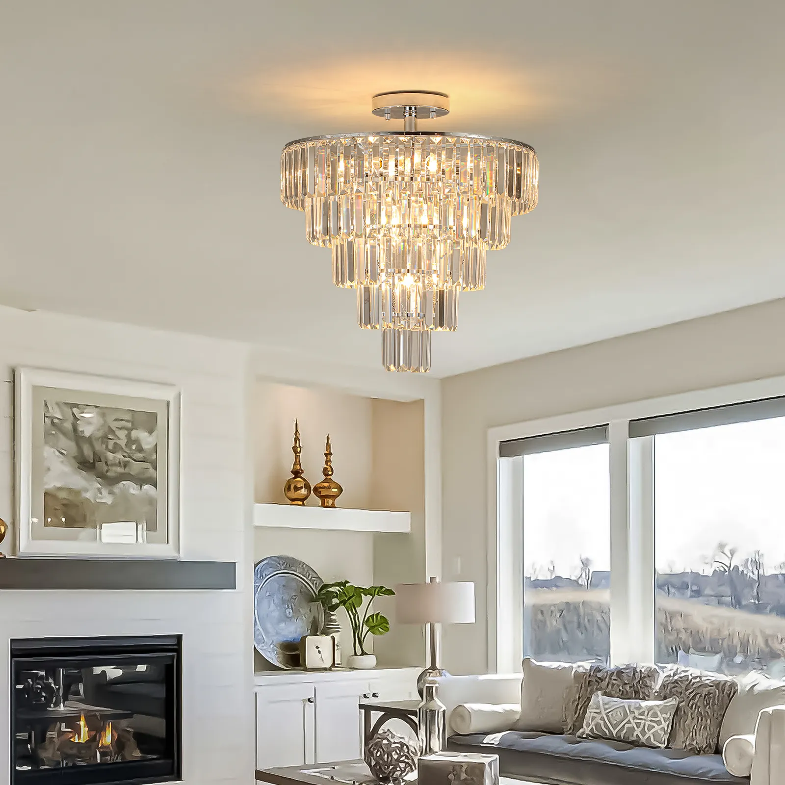 Large crystal chandelier in white chrome color, modern style chandelier, dining room, living room, bedroom