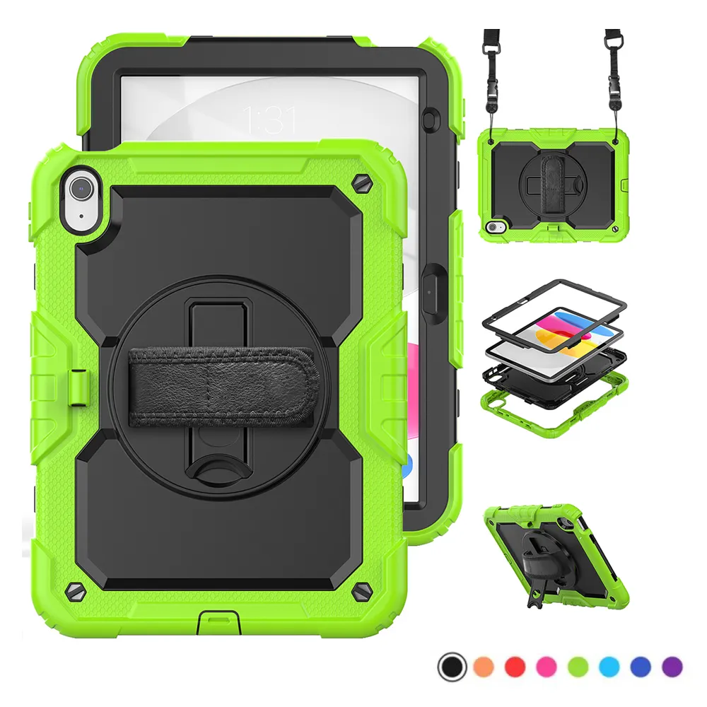 For iPad 10.9 10th Air4 Air5 Pro 11 inch Kids Shockproof Cases Rotating Stand Hand Strap Cases Heavy Duty Hybrid Full-body Protective Cover with PET Film +Shoulder Strap