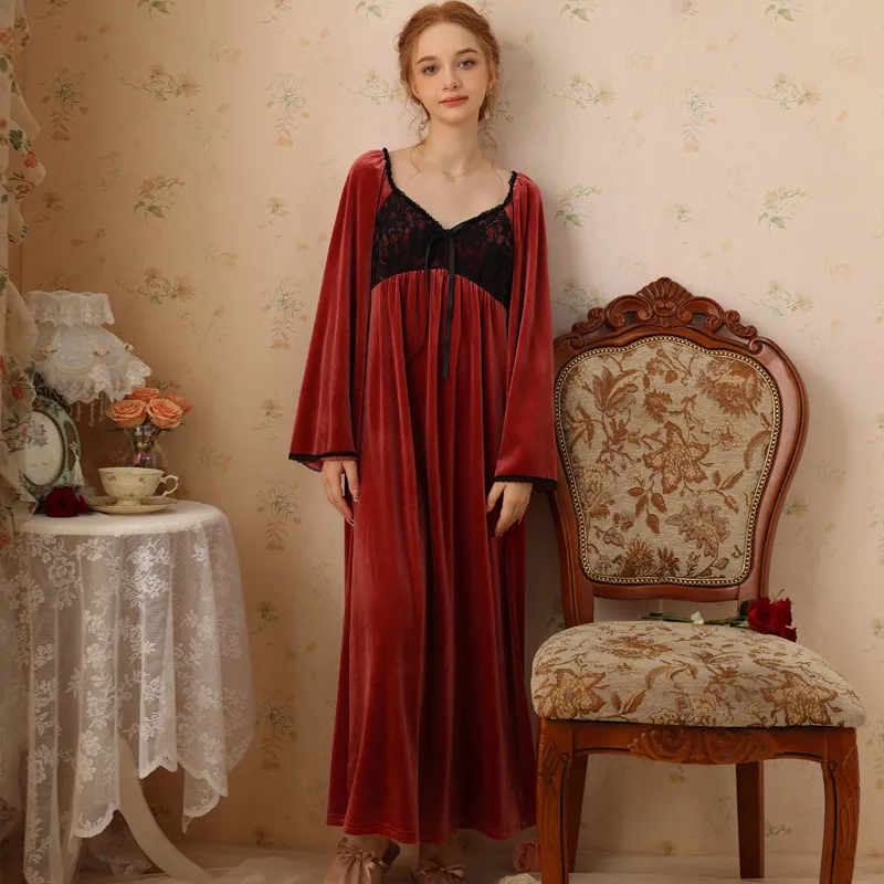 Velvet Warm Dress Sleepwear For Women Elegant Nightgowns Long Bridesmaid Bride Dresses Long Sleeve Vneck Evening Party Clothing