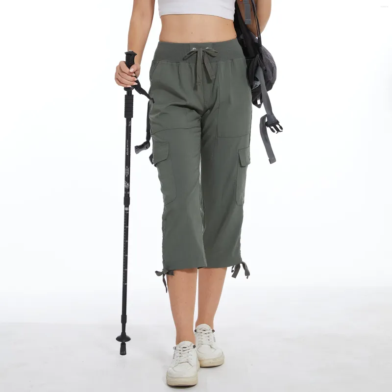 Summer Cotton Linen Khaki Capri Pants Womens Pants With Elastic