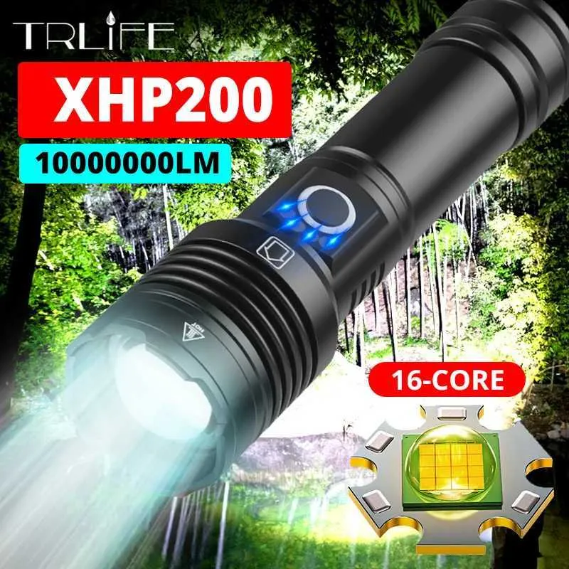 Torches 1000000LM XHP200 LED LEDLIGHT WYSOKIE LIGETA TAKTAKTALNE 500 m Light Light Outdood Wodoodporne L2 C8 Polowanie 18650 Torcha Q231013