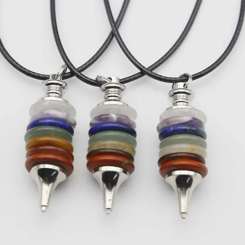 Pendant Necklaces Natural Crystal Colorful Stone Leather Rope Pendants Round Piece Spirit Pendulum Fashion Charms Detachable Jewelry 1Pc