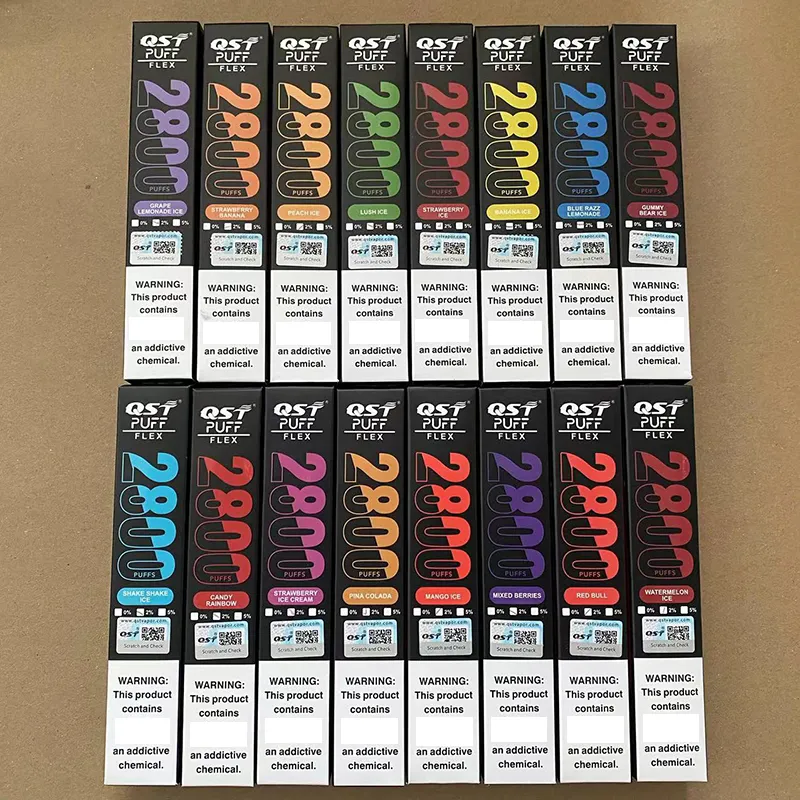 Puff Flex QST одноразовое устройство Vape E Cigarette Комплекты 0% 2% 5% 2800 Puffs 8 мл предварительно заполнены 25 коже против потока XXL Plus Max DHL