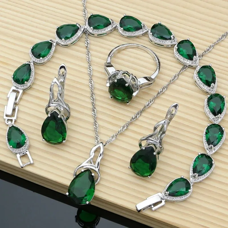 Bröllopsmycken Set 925 Silveruppsättningar Green Emerald Stone Earrings Rings Fashion Accessories WDDING NECKLAME DROP 231012
