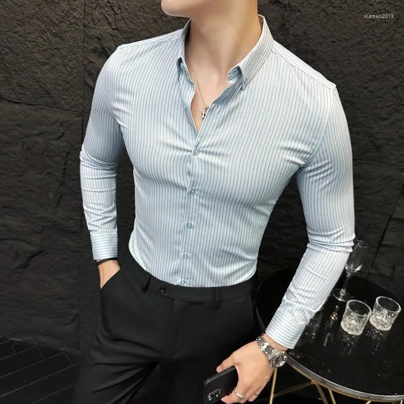 Мужские повседневные рубашки 2023-модные деловые джентльменские красивые корейские классические полосатые светлые роскошные индивидуальные рубашки