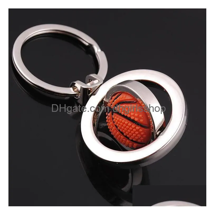 Nyckelringar Metal Rotertable Basketball Key Ring Sport Football Golf KeyChain Holders Bag hänger Fashion Jewelry Jewelry Dhovm