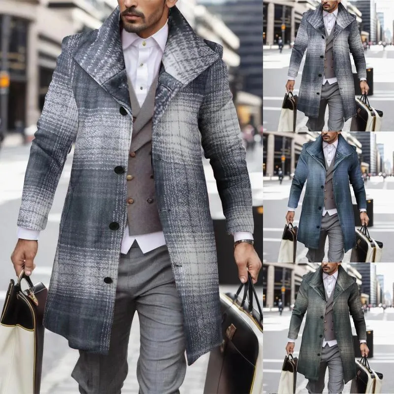 Giacche da uomo Abbigliamento 3d Trench lungo Cappotto da uomo Autunno inverno Stampato digitale Risvolto Giacca scozzese di lana Uomini grandi e alti