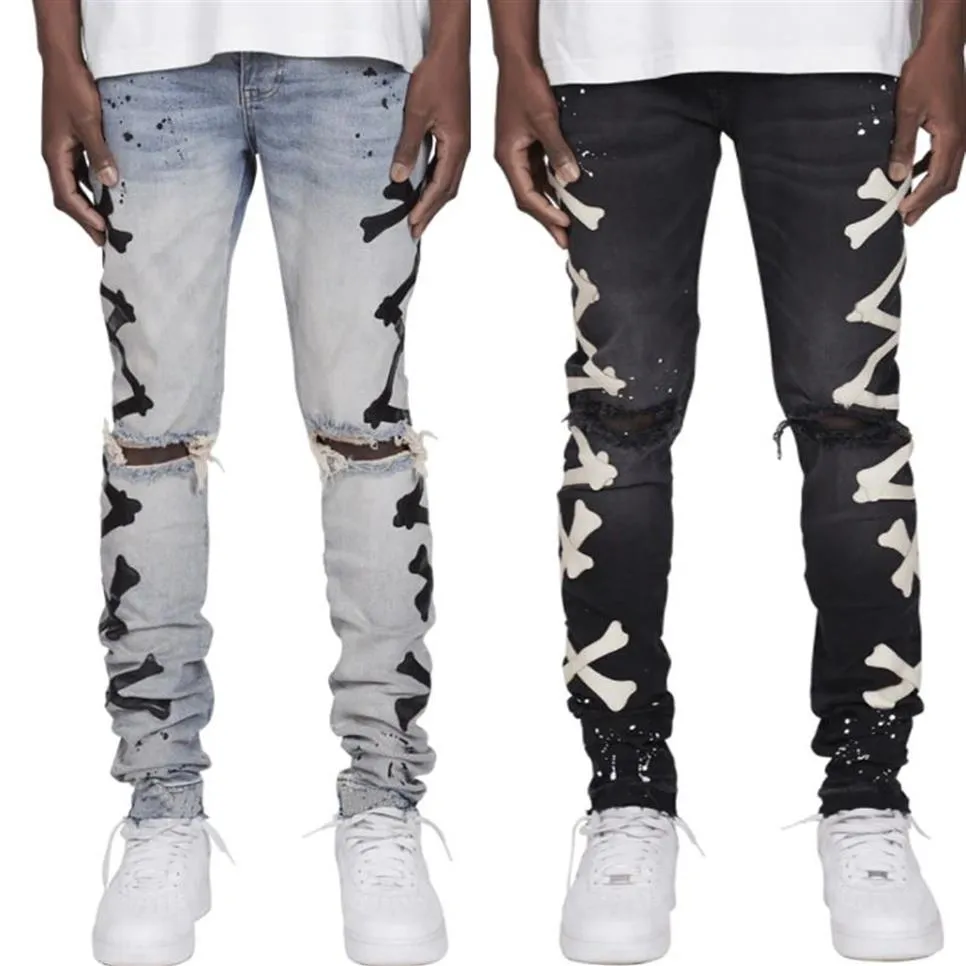 Heren Jeans Bone Patroon Patchwork Jean Hombre Motorbroek Herfst Streetwear Ripped Jean Noir Homme Rits Broek Voor Men311t