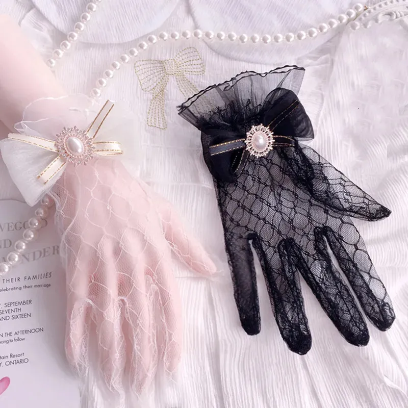 Fünf-Finger-Handschuhe Japanisches weiches Mädchen Schwarz Weiß Spitze Gothic Lolita Mesh Schleife Blume Süßes Armband Maid Cosplay Schmuck 231012