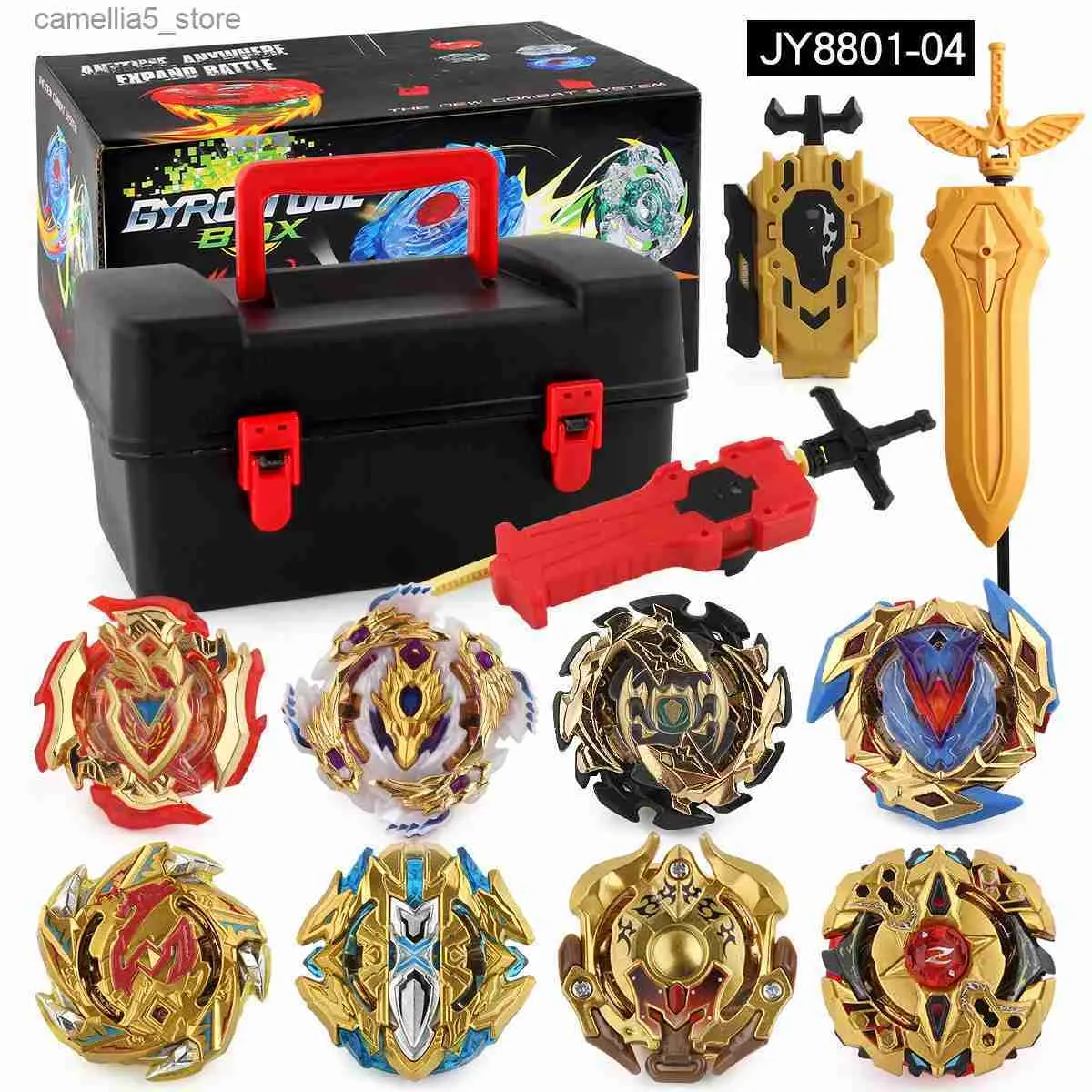 Spinning Top Toupie Beyblades Metal Fusion Blay Blade Toys set med 8 Gold Gyros och Wire Launcher in Storage Box JY8801-04 För barn Q231013