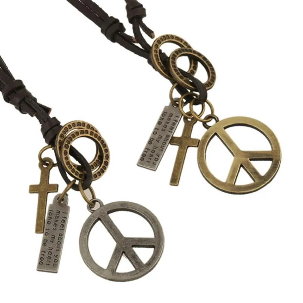 Anhänger Halsketten Boho Gypsy Hippie Punk Kuh Leder Legierung Vintage Friedenszeichen Kreuz Gravierte Schleife Tag Charms Wrap Adjust Unisex NE240B