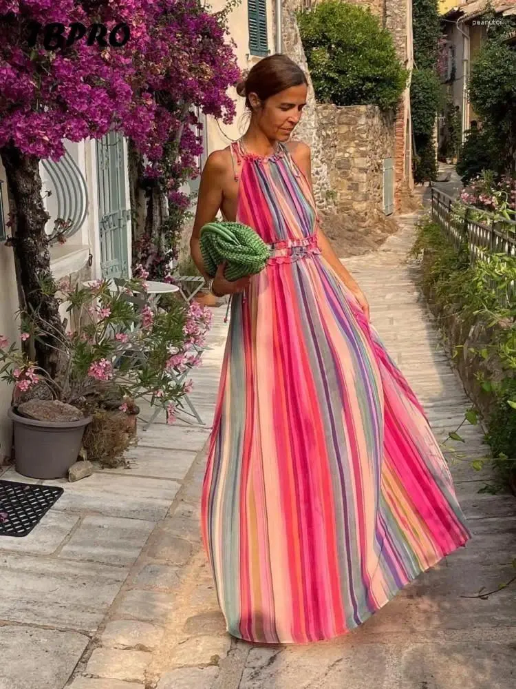 Casual Kleider Bunte Gestreifte Ärmel Schlinge Mode Plissee Slash Neck Lange Vestidos Frauen Sommer Strand Urlaub Kleidung