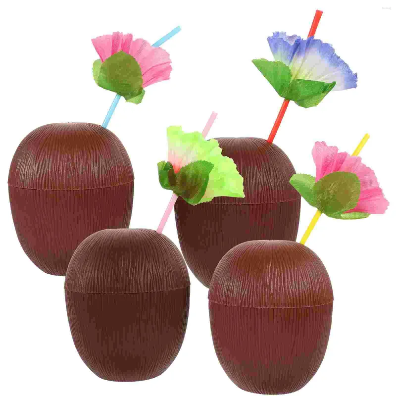 Kieliszki do wina 4pcs kubki kokosowe z symulacją słomy Symulacja picie hawajskiej imprezy w kształcie imprez