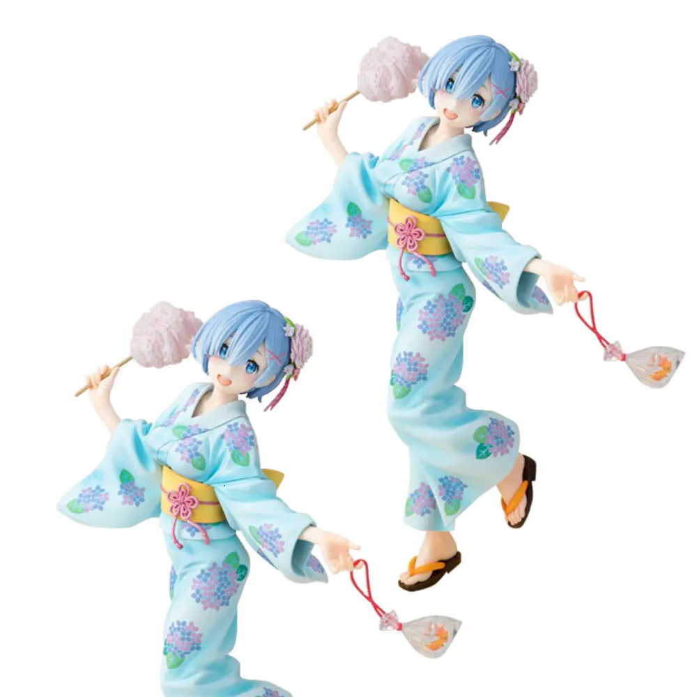 Mascot Costumes 23cm Anime Figure Re:life in A Different World From Zero Rem Blue Yukata Marshmallow Model Dolls Toy Gift Collect Pvc Material