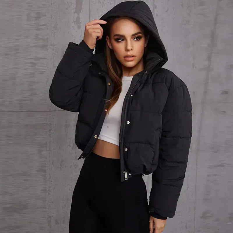 Damen Daunenparkas Mode übergroße weibliche Kleidung kurze Jacke gesteppte Puffer Frauen Winter mit Kapuze gepolsterte Mantel warme Parka Oberbekleidung 231013