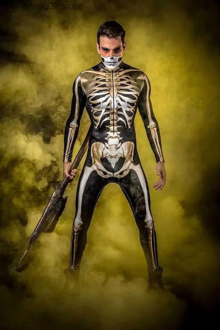 Kostium motywu 2022 Nowy szkielet czaszki cyfrowy Druk Kobiety Wąski halloweenowy kombinezon Cosplay Caster Come Zentai Bodysuit stroje T231013