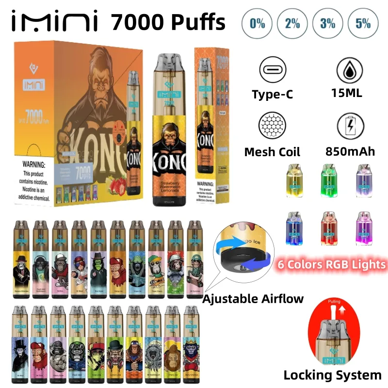 França Alemanha US Warehouse Original 7000 Puffs Bar Disponível Vape E Cigarro Vape Caneta recarregável Fluxo de ar ajustável 15ml 20 sabores gorilas 20 cor