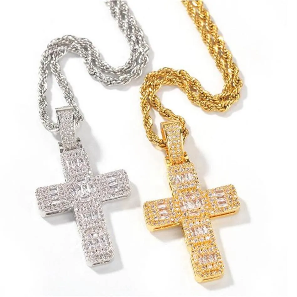 Hip Hop Vintage Bijoux WhiteGold Remplissez Croix Pendentif Chaîne en acier inoxydable Pleine Princesse Coupe Blanc Topaze CZ Diamant Femmes Hommes Nec295H