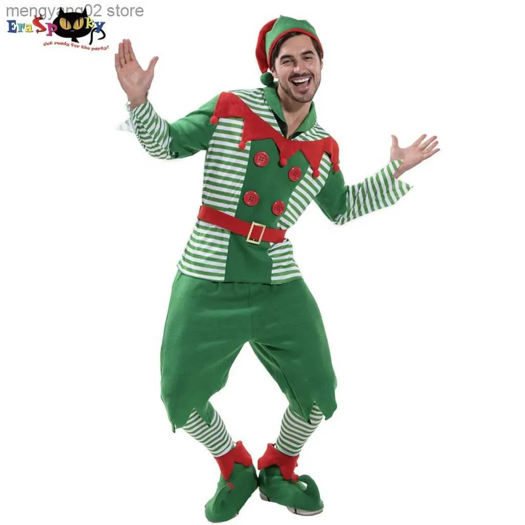 Traje temático Eraspooky Santa Elf Helper Come Men Engraçado Roupa de Elfo de Natal para Adulto T231013