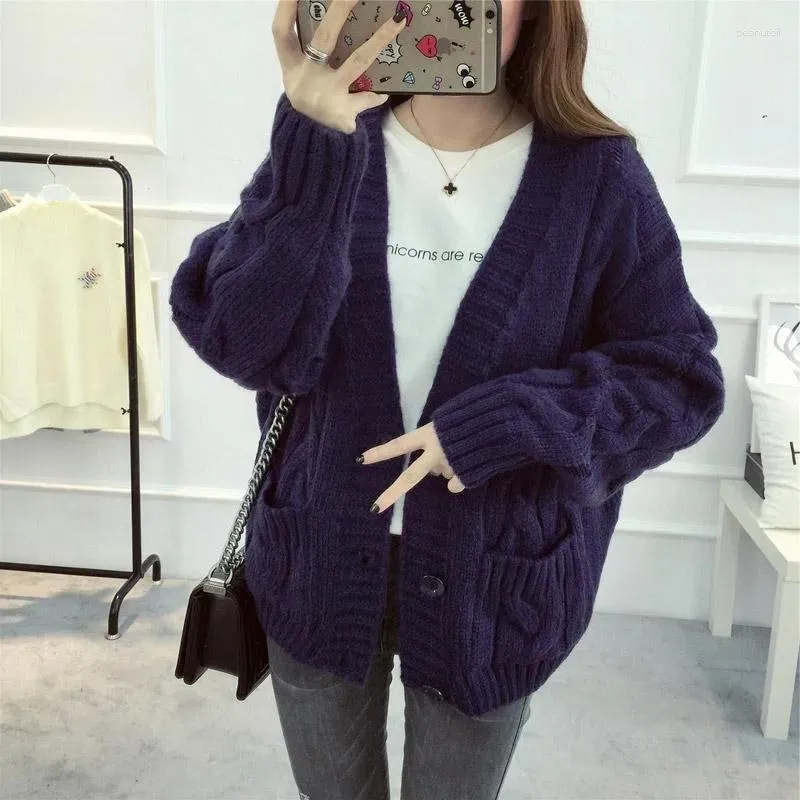Kvinnors stickor Dark Purple Vintage Långärmad kvinnor Cardigan tröja Casual Autumn Winterwear Topps Topps Coat Y2k Loose