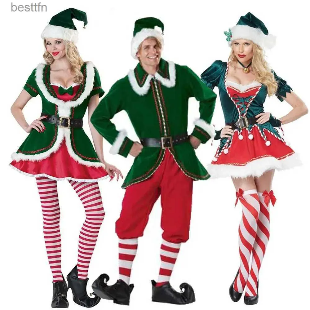 Traje temático Green Elf Girls Halloween Christmas Come Men Cos Santa Claus Ropa Vestido de fiesta Pantalones / Vestido + Tops + Sombrero + Cinturón para adultos L231013