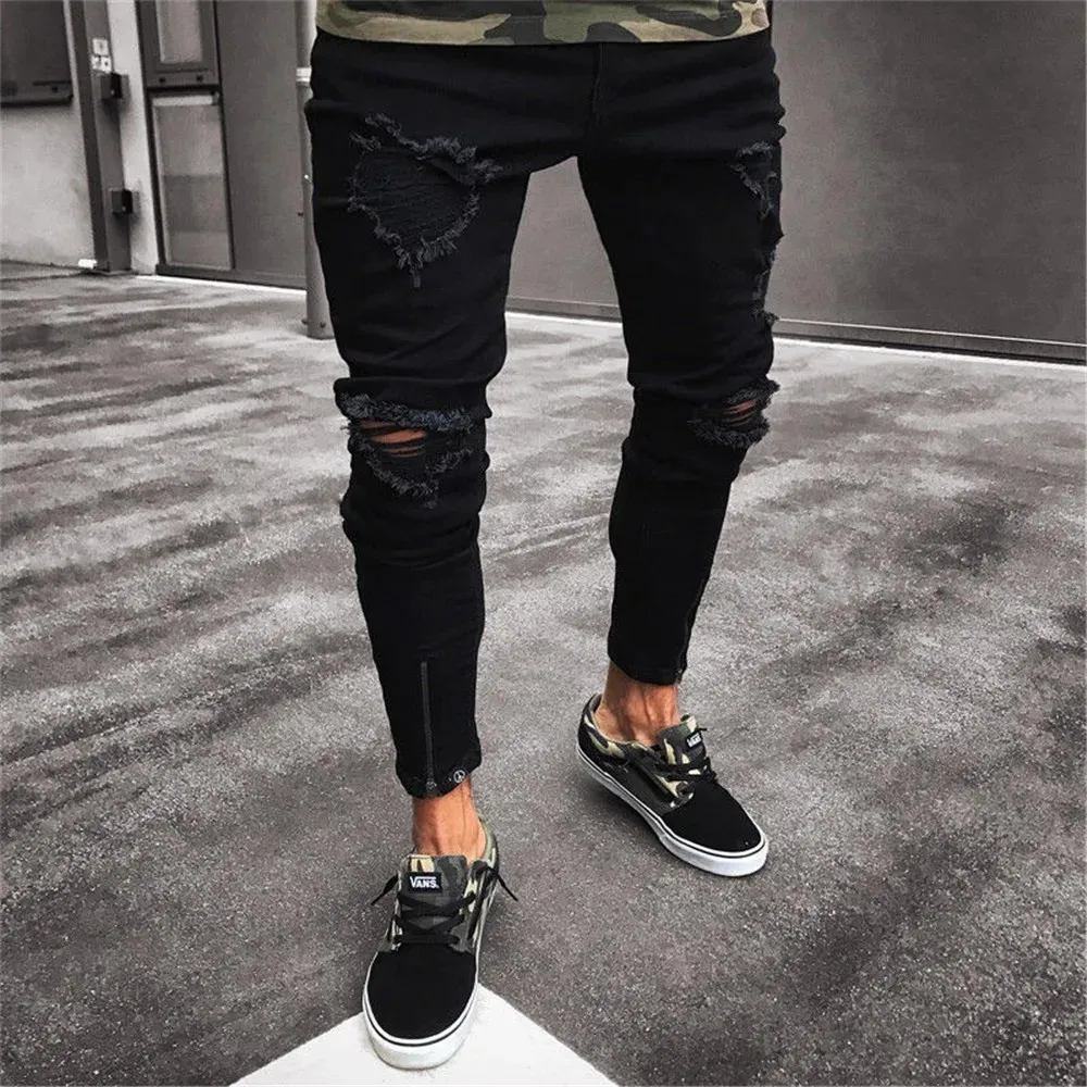 Men's Jeans Plus Size S/3XL Mens Cool Designer Brand Black Jeans Skinny Ripped Destroyed Stretch Slim Fit Hip Hop Pants With Holes For Men 231013