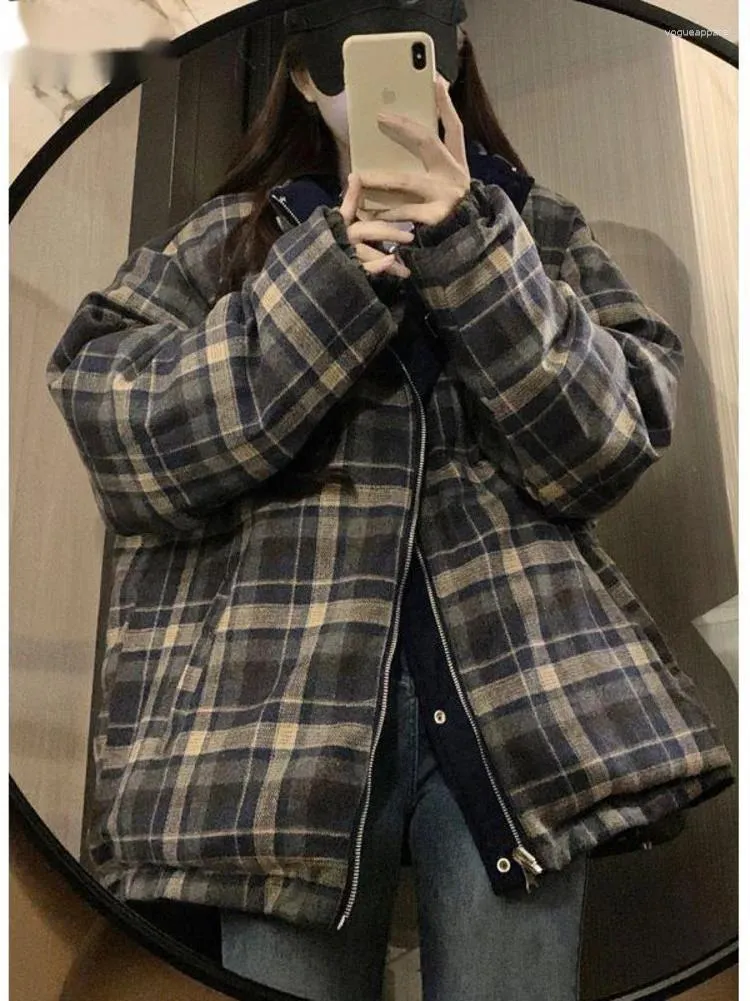 Women's Trench Coats Double-sided Winter Padded Bread Jacket Loose Plaid Couple Costume Cotton Thicken Warm Fluffy Parkas