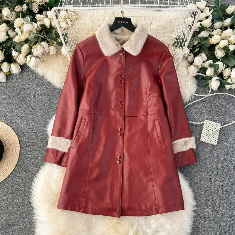 Womens Plus Velvet Burgundy Leather Trench Coat With Thickened Leather And  Lapel Fur Korean Style Midi Length PU Outerwear For Autumn And Winter From  Vonwafer, $37.72