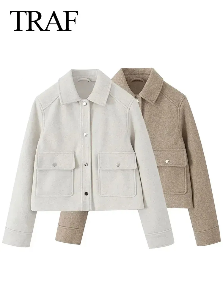 Women's Jackets TRAF Women Fashion Woolen Coats Winter Trend Cotton White And Khaki Lapel Jackets Woman Warm Streetwear Mujer Casaco Y2k 231012