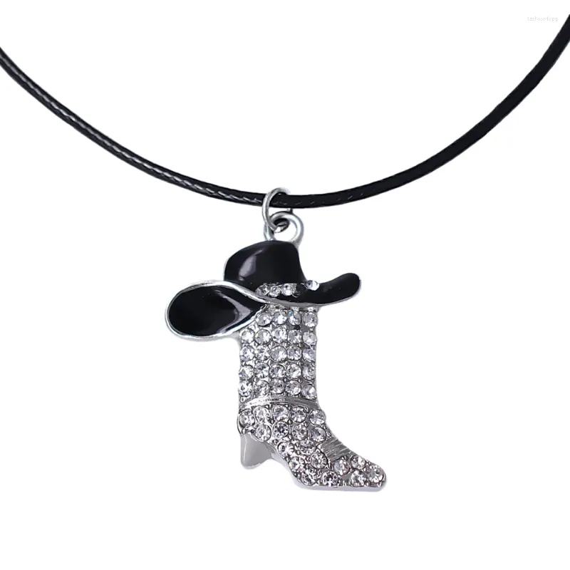 Pendentif Colliers Délicat Strass Cristal Incrusté Émail Métallique Cowboy Bottes Chapeau Collier Pour Chanceux Bling Ras Du Cou