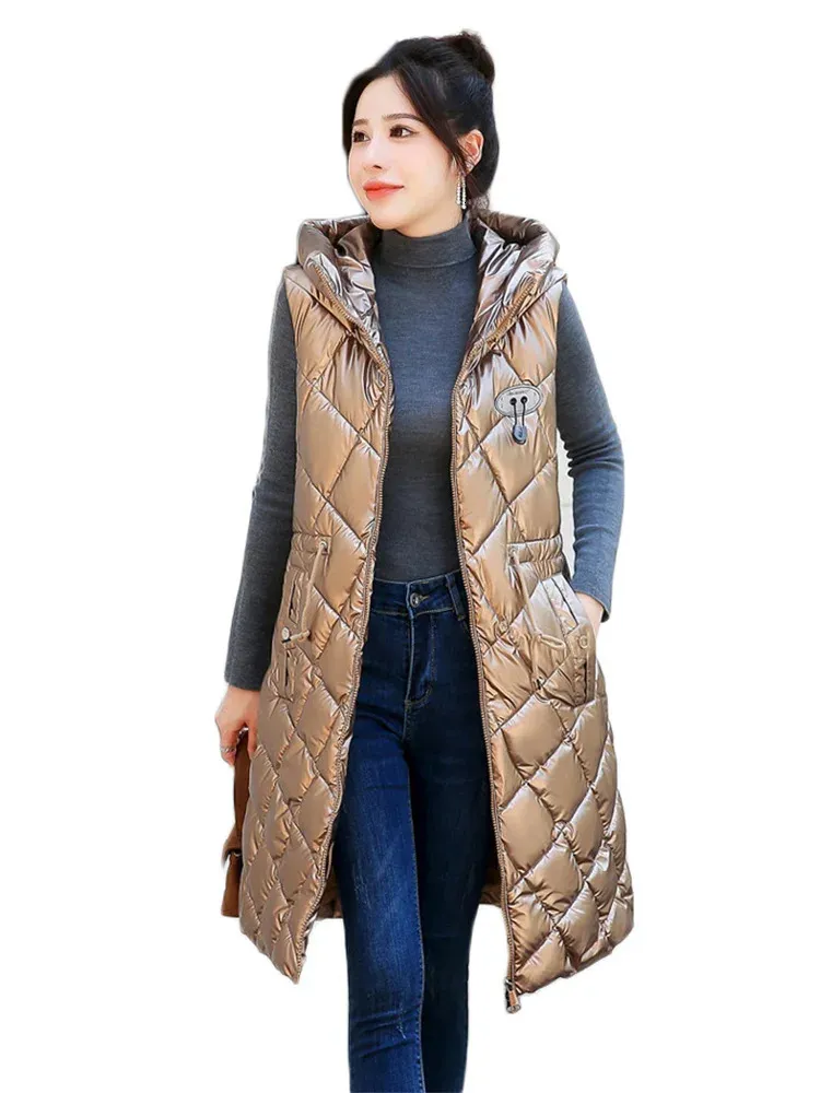 Women's Jackets Light Brown Vest Women Sleeveless Waterproof Free Wash Hooded Cotton Waistcoat Autumn Winter Fashion Long Slim Outwear 231012