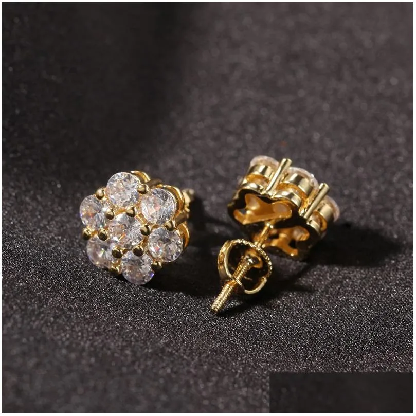 Stud Hip Hop Claw Seting CZ Stone Bling Ice Out Plum Blossom Flower Stud Earring For Women Män uni Rapper smycken smycken örhängen Dhyvz