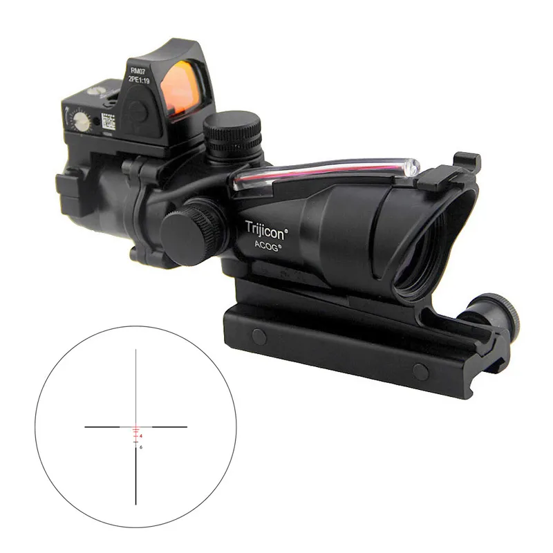 Tactical ACOG Fiber Sight Red Illuminated 4x32 Riflescope Real Fiber 4x Magnifier Optics With RMR Red Dot Weaver Mount Hunting Airsoft Monocular