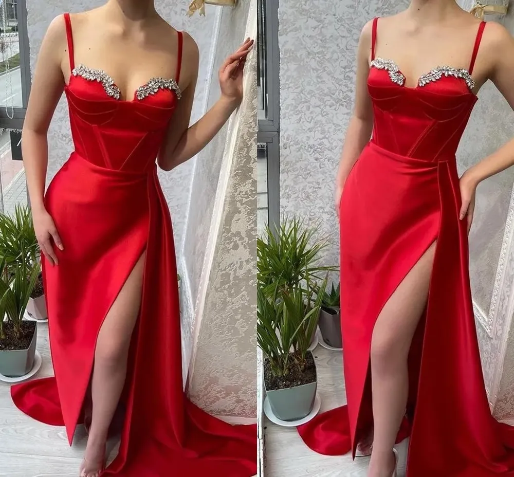 Evening Dresses Red Prom Party Gown Formal Mermaid Zipper Lace Up Plus Size Custom New Thigh-High Slits Sweetheart Pleat Crystal Sleeveless Satin