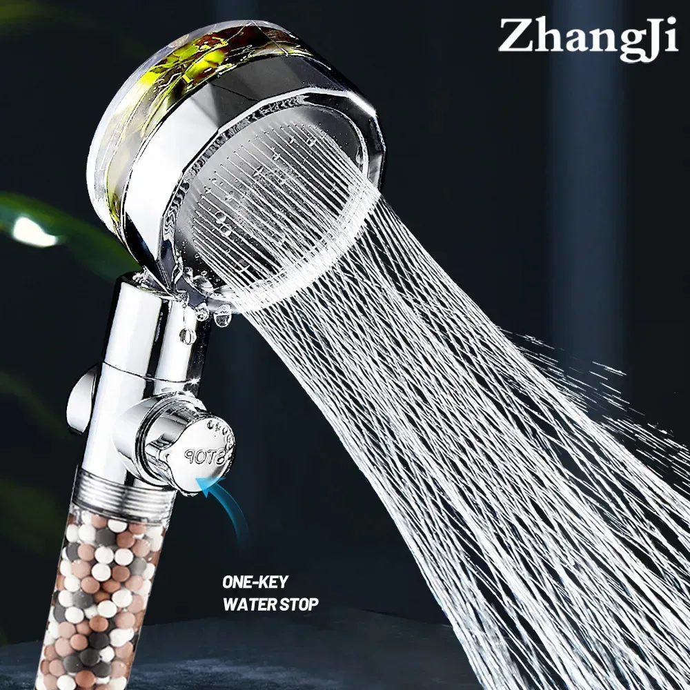 Bathroom Shower Heads ZhangJi Filteration Shower Head with Propeller 360 Degree Rotating Water Saving SPA Anion Stone Spayer Bathroom Accessories 231013