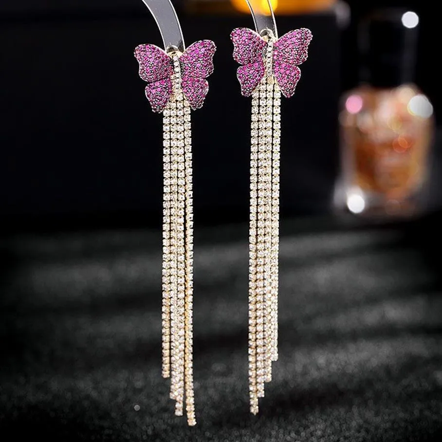 New designed Dangle Butterfly women tassel earrings retro flower bow-knot Micro inlays color diamonds couple ear studs Celebrity f301P