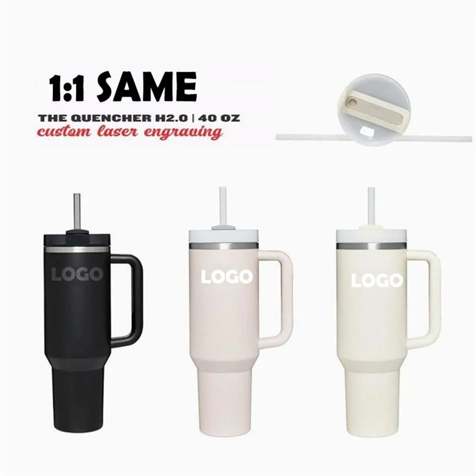 Quencher H2 0 40oz Gobelets en acier inoxydable avec poignée en silicone Couvercle et paille Tasses de voiture de 2e génération Continuez à boire froid Wat250z