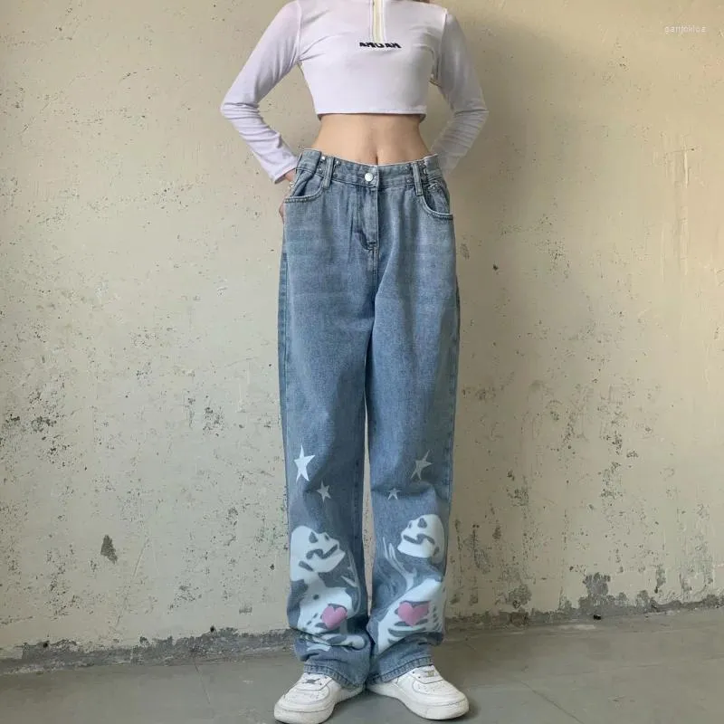 Jeans pour femmes 2023 Femmes Skull Cartoon Print Poche Denim Pantalon droit Bleu clair Lady Gothic Street Long Korean Fashion Vêtements Hallo
