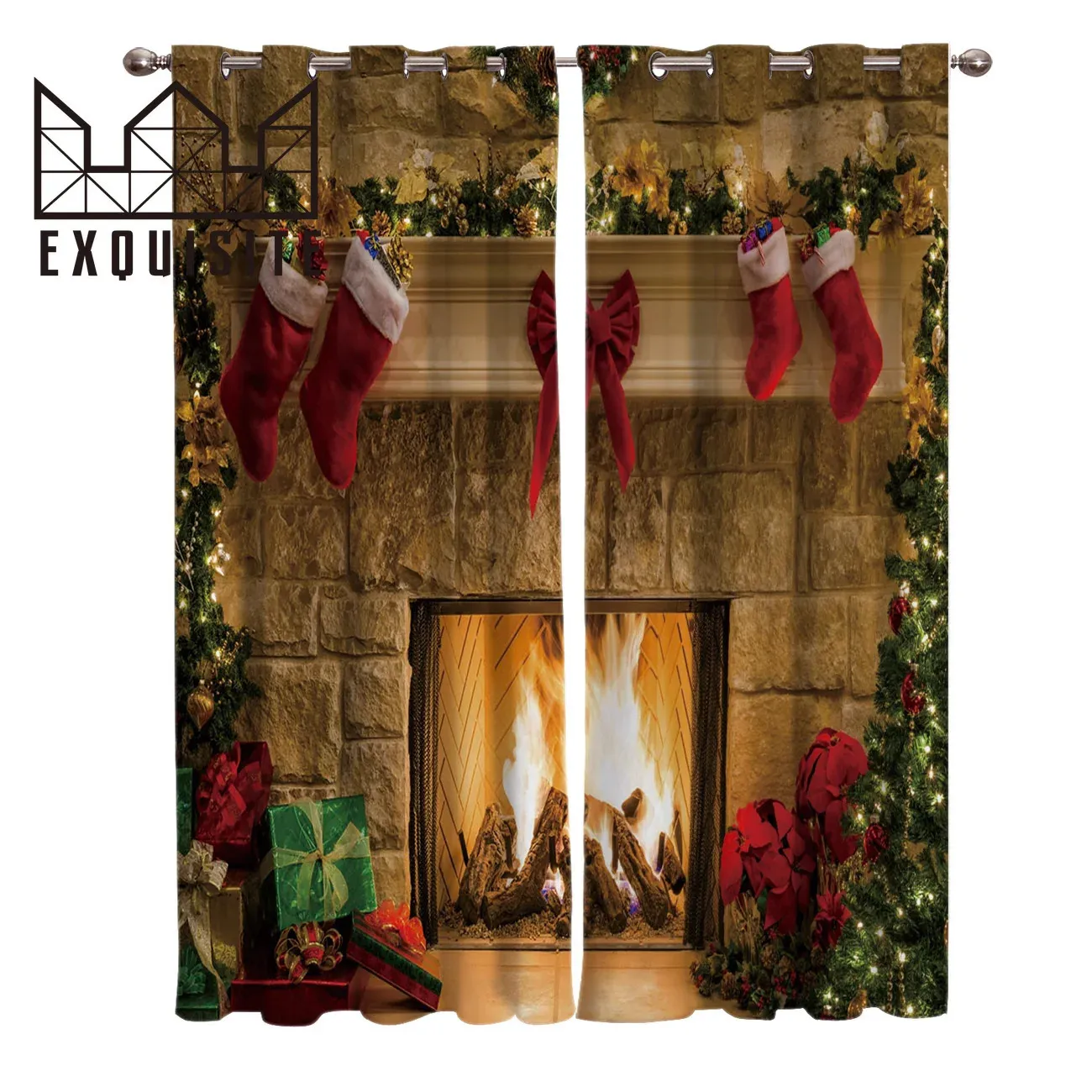 Curtain Merry Christmas Fireplace Window Treatments Curtains Valance Window Curtains Bedroom Living Room Kids Room Home Decor 231012