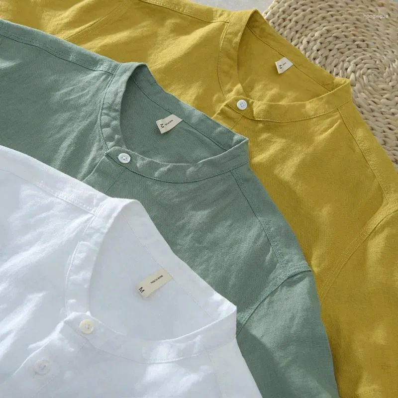 Mäns casual skjortor linne 2023 sommarbutik Mens Stand Collar Thin Short Sleeve Male Slim Shirt White Green Yellow