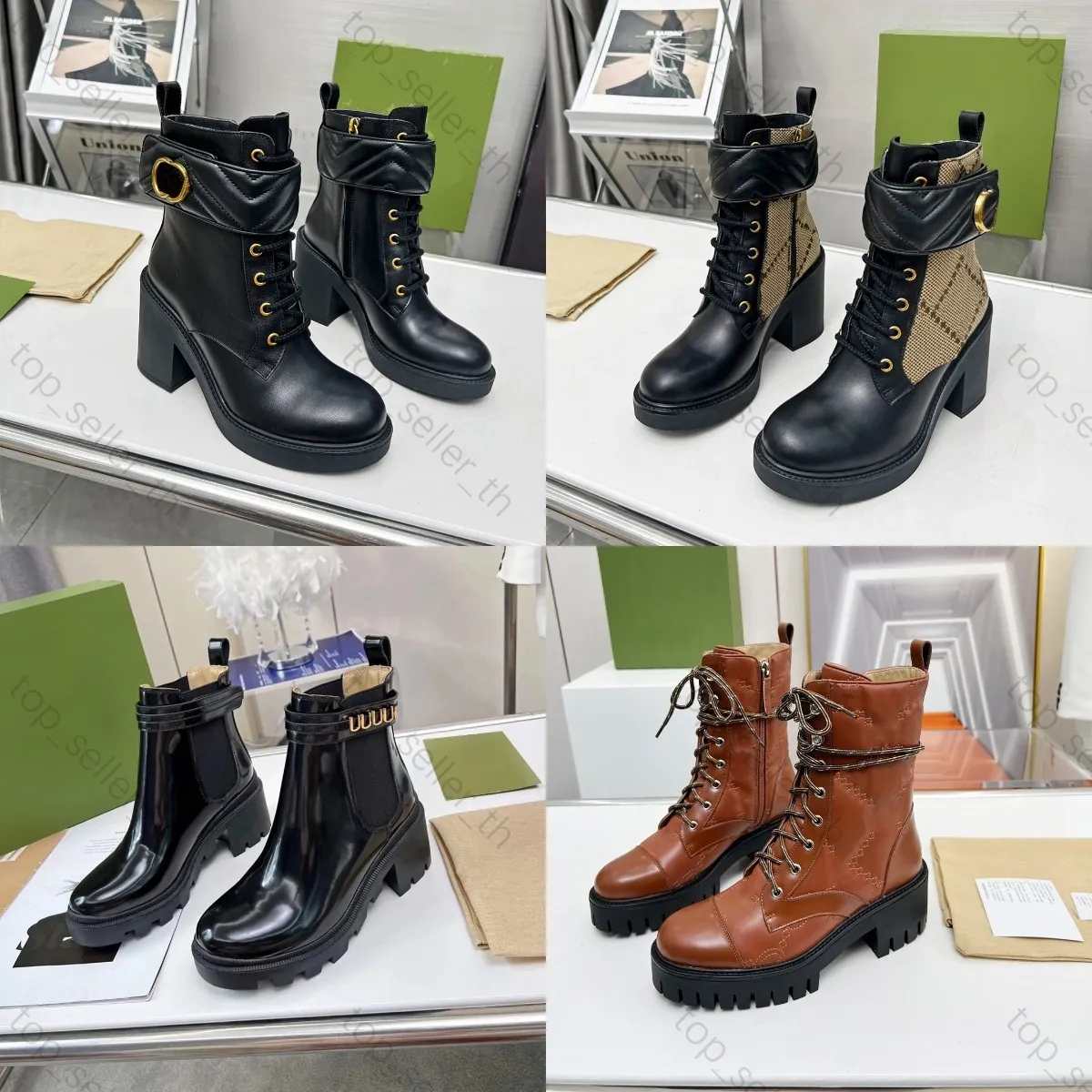 Chaussures de créateurs Matelasse Boot Femmes Bottes Ceinture Bottines Hiver Luxe En Cuir À Lacets Épais Bas Chaussure En Relief Plate-Forme Bottes