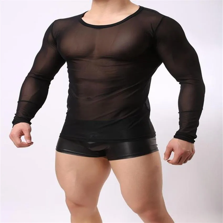 T-shirt da uomo T-shirt muscolare a rete trasparente da uomo T-shirt a maniche lunghe Costume da discoteca Nero Sexy2445