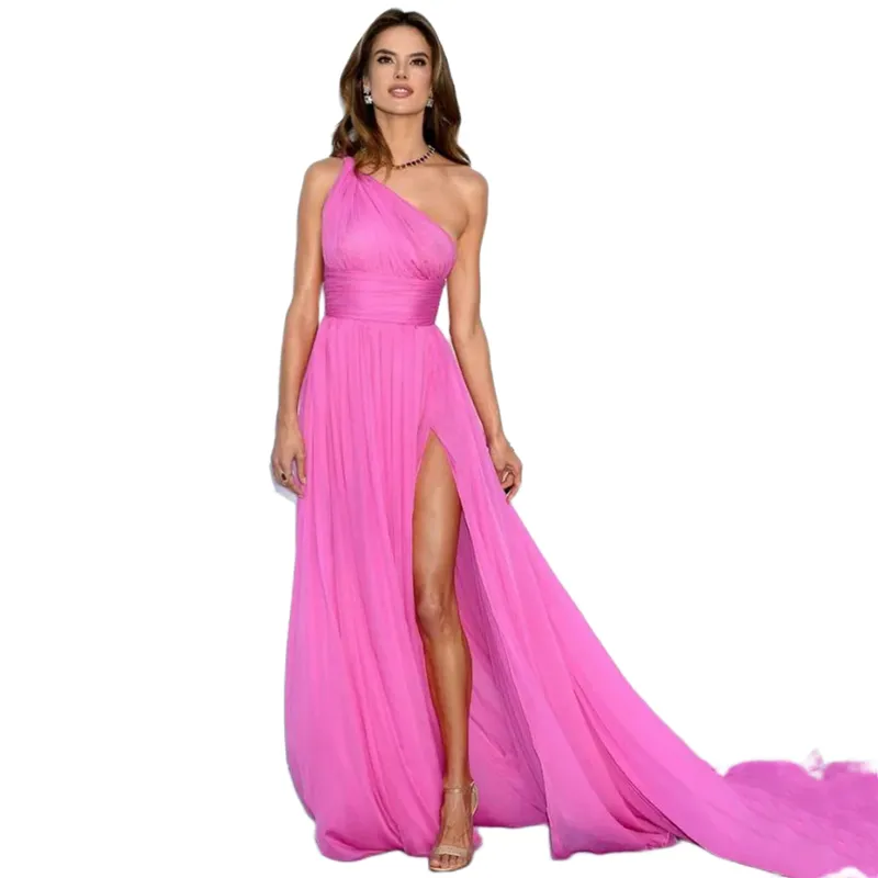 Hot Pink Chiffon One Shoulder Chiffon prom dress with Side Split - A-Line Formal Gown for Women's Evening Occasions and Celebrity Parties
