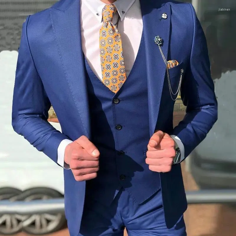 Ternos masculinos mais recentes designs de casamento para homens feitos sob medida azul noivo smoking 3 peças terno masculino (jaqueta calça colete)