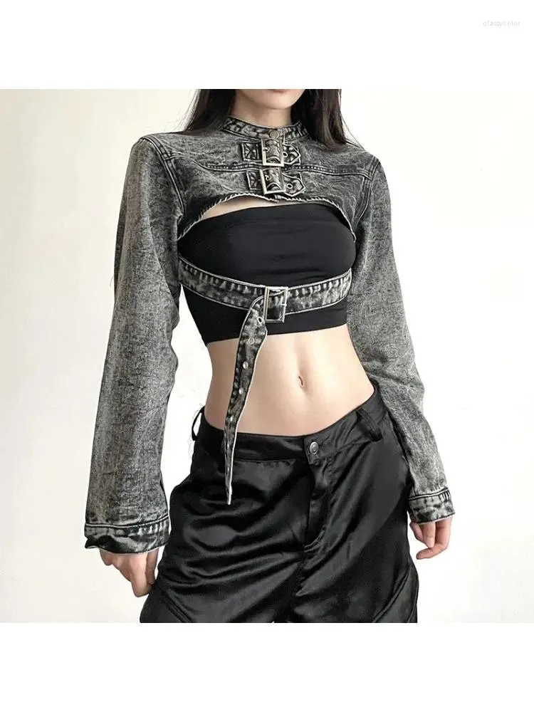 Kadın Ceketleri 2023 Koyu Siber Gotik Retro Denim mahsulü Y2K Punk Buckle Hollow Out Kadınlar 90s Grunge Harajuku Street Giyim Ceket